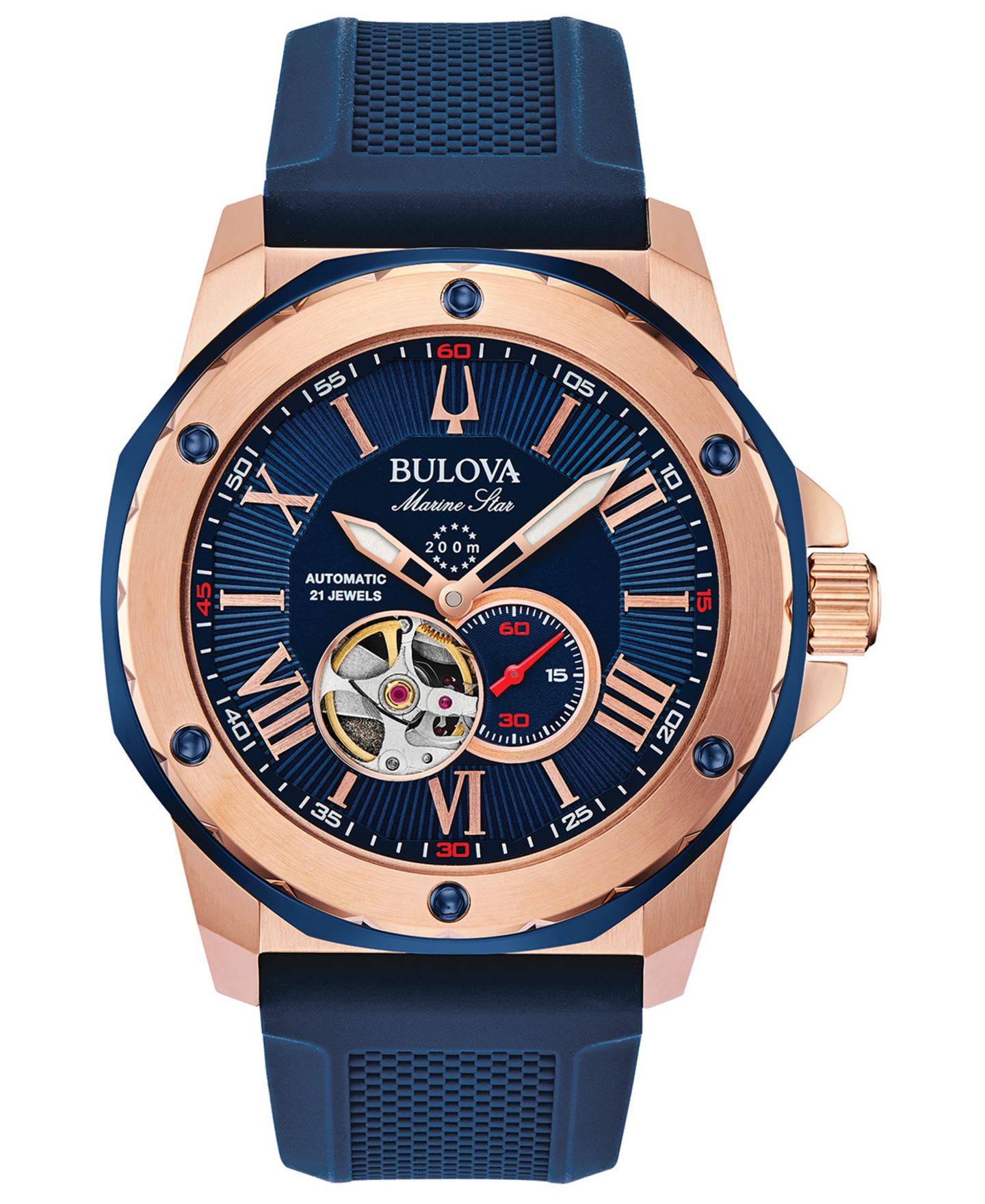 Мужские часы Bulova Automatic Marine Star Blue Silicone Strap Watch 45mm, цвет: Синий — фото 1