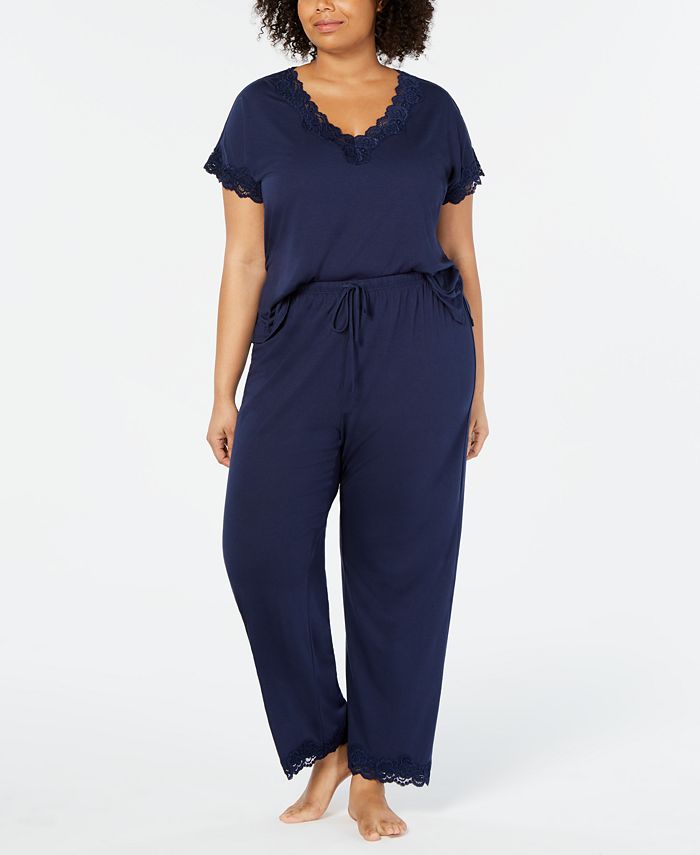 Charter Club Plus Size Lace Trim Soft Knit Pajama Set, Created for Macy ...