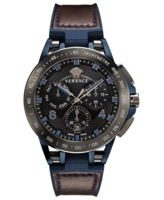 Versace - Men's Chronograph Sport Tech Blue Rubber & Brown Leather Strap Watch 45mm