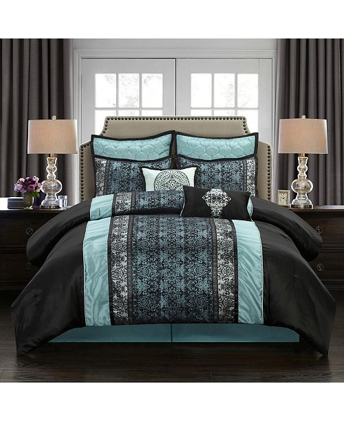 Nanshing Arabesque 8 Piece Comforter Set Black Blue Queen
