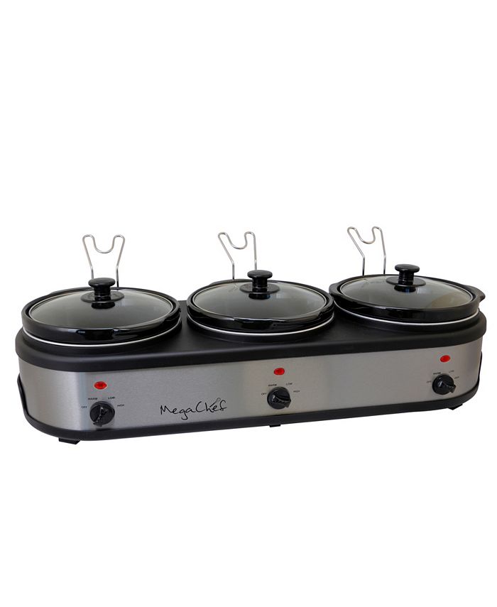 MegaChef Triple 2.5 Quart Slow Cooker and Buffet Server in Brushed Silver and Black Finish with 3 Ceramic Cooking Pots and Removable Lid Rests - Silve