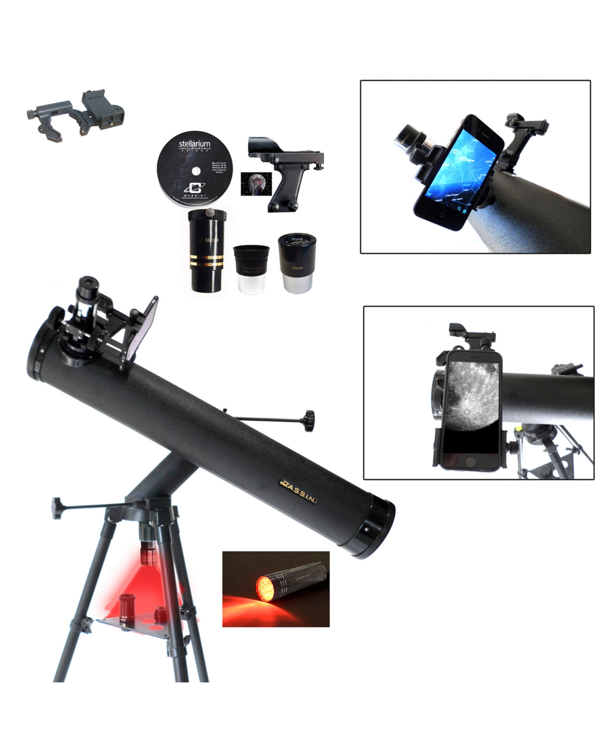 Cassini 800 X 80 Telescope With Red Led Observation Light And Smartphone Adapter In Black