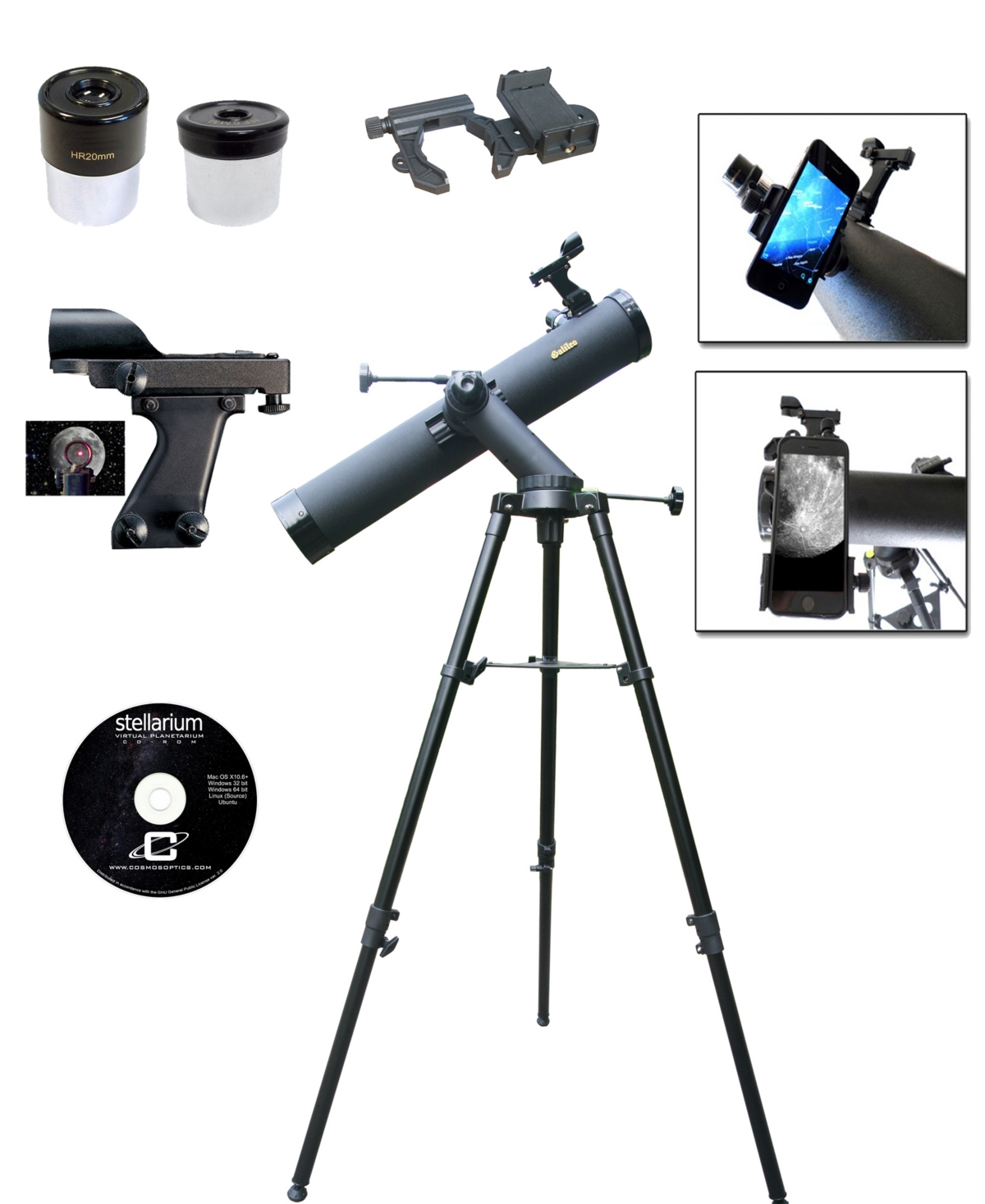 Cassini 800mm X 90mm Astronomical Tracker Mount Telescope And Smartphone Adapter In Black