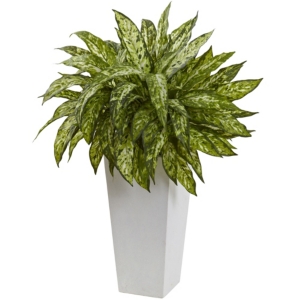 Nearly Natural Aglaonema Artificial Plant W/ White Decorative Planter In Green