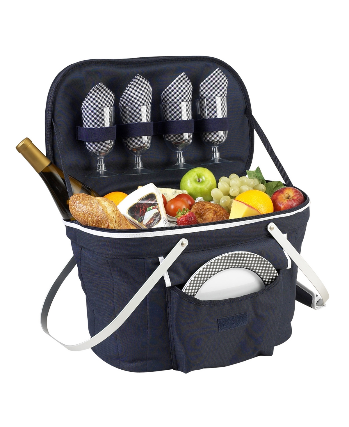 Collapsible Picnic Basket Cooler - Equipped with Service For 4 - Navy