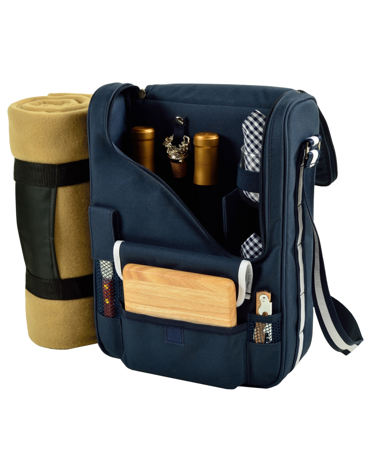 Bordeaux Insulated Wine, Cheese Tote with Blanket-Glass Glasses - Blue