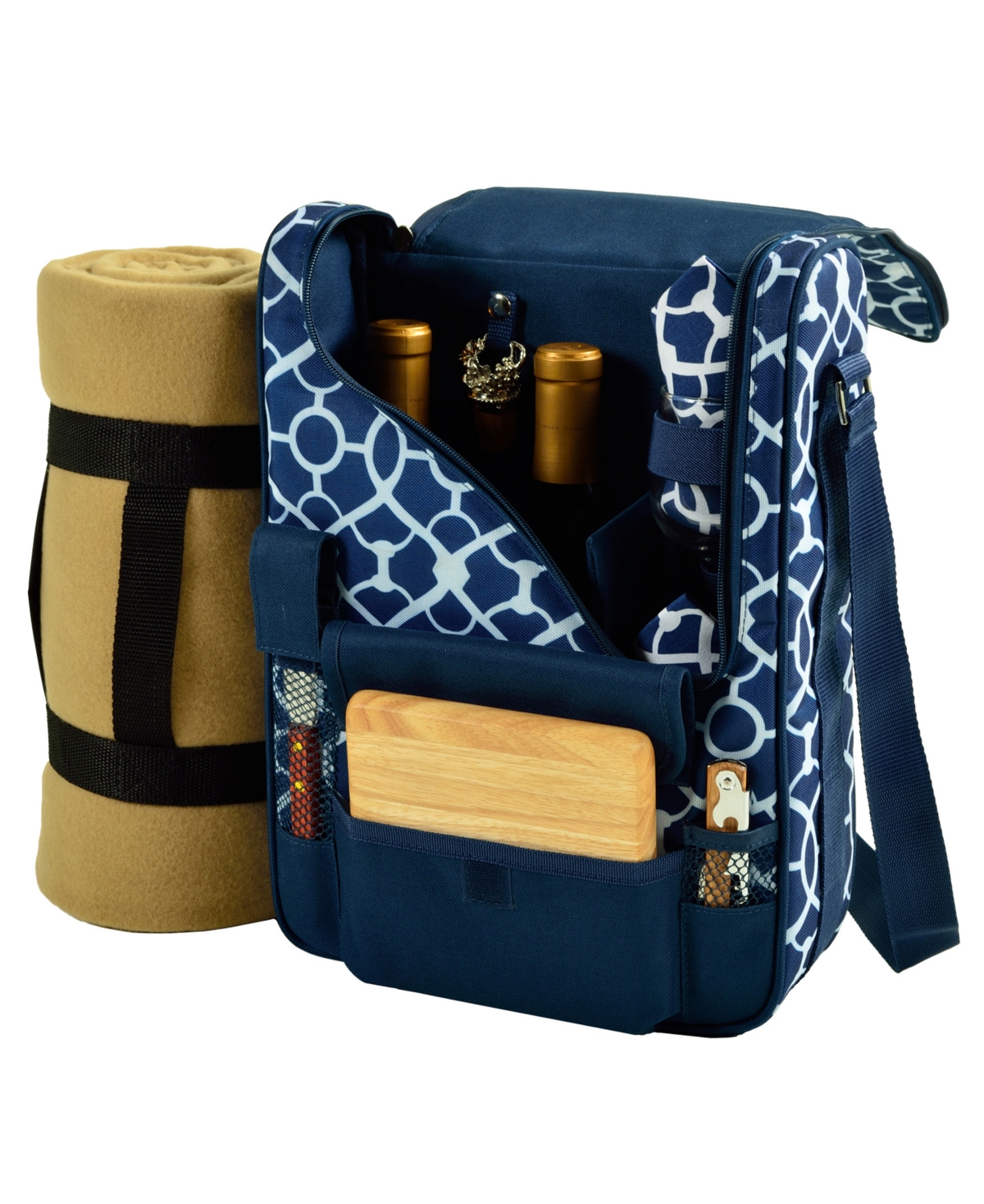 Bordeaux Insulated Wine, Cheese Tote with Blanket-Glass Glasses - Blue