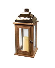 Lumabase Brown Wooden Lantern with Copper Roof and LED Candle