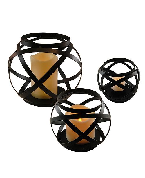Lumabase Set Of 3 Black Banded Metal Lanterns With Led Candles