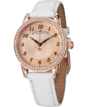 image of Stuhrling Original Classy Ladies Ultra Slim Quartz Watch, Rose Tone Case on White Alligator Embossed Genuine Leather Strap, Crystals on Rose Tone Bezel, Rose Tone Dial With Black Accents