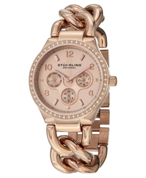 Shop Stuhrling Original Stainless Steel Rose Tone Case On Chain Bracelet, Rose Tone Dial, Cubic Zirconia Crystal St In Blush