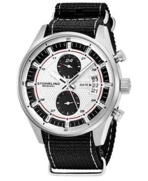 Stuhrling Original Men's Quartz Silver Case Silver Dial; Black and Grey Stripped Nylon Strap Date Dual Time Watch