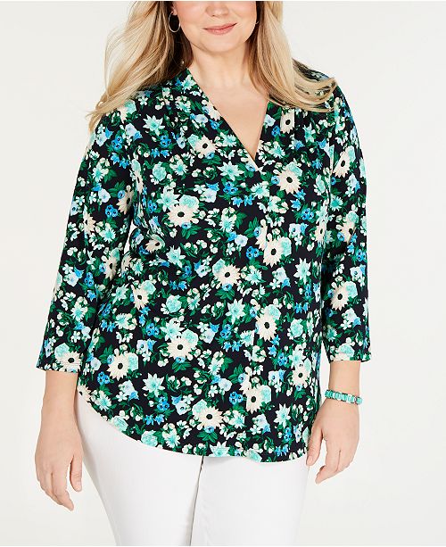 Charter Club Plus Size Printed 3/4-Sleeve Top, Created for Macy's ...