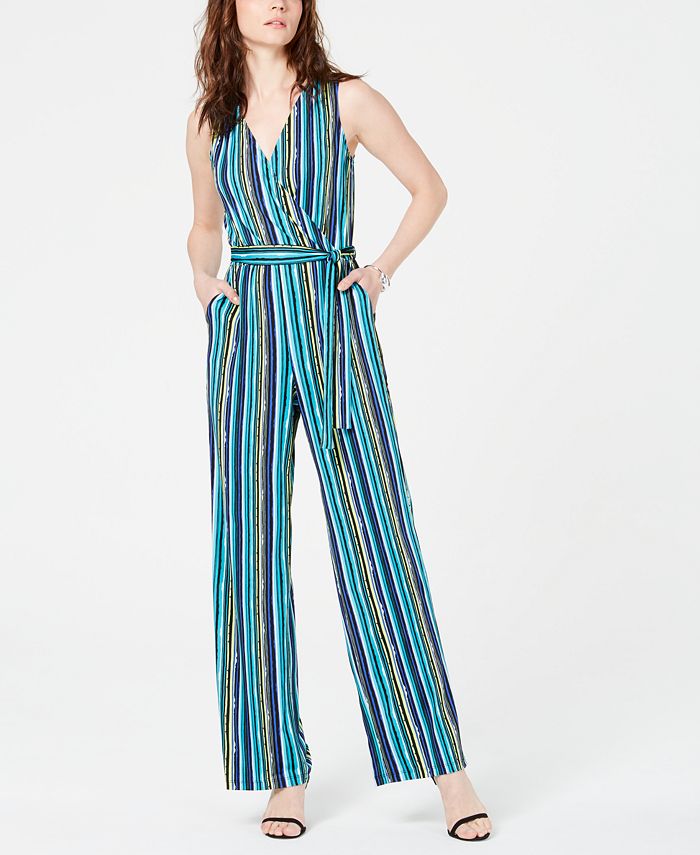 NY Collection Petite Belted Stripe Jumpsuit - Macy's