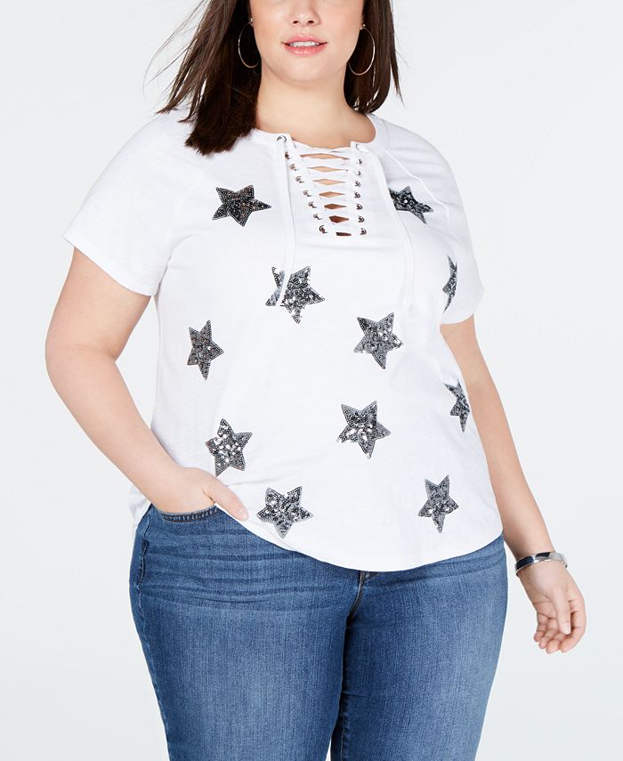 INC International Concepts INC Plus Size SequinedStar LaceUp TShirt
