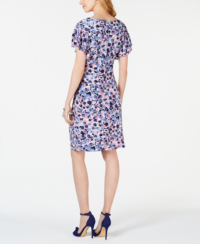 Connected Petite Printed Flutter-Sleeve Dress - Macy's