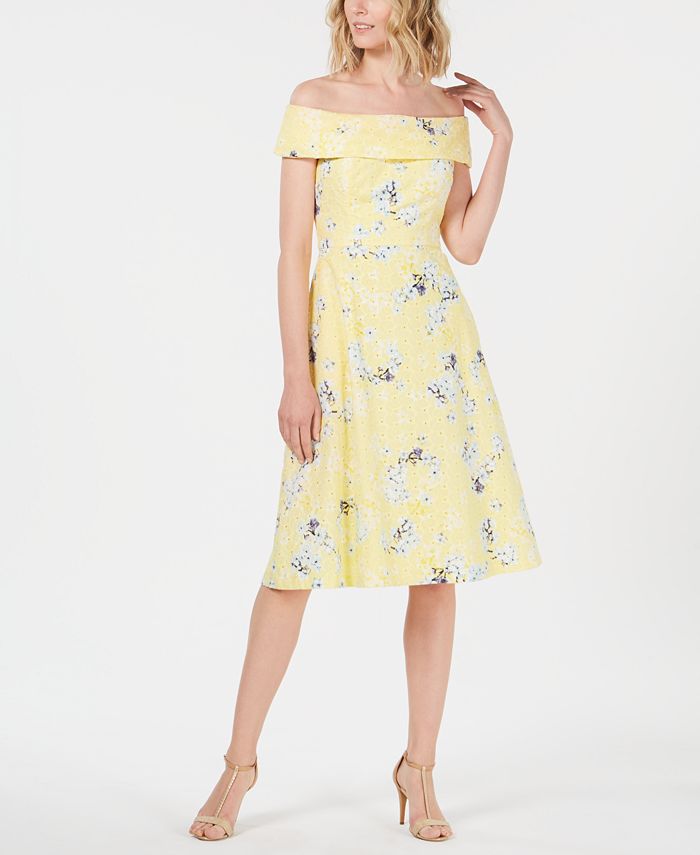 Calvin Klein Petite Off-The-Shoulder Floral Printed Eyelet Dress - Macy's