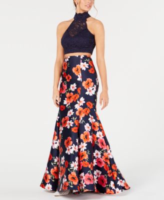 B Darlin Juniors' 2-Pc. Lace Floral-Print Gown, Created For Macy's - Macy's