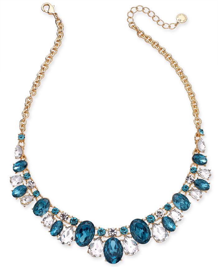 Charter Club Gold-Tone Aqua Crystal Frontal Necklace, 17 + 2 extender ...