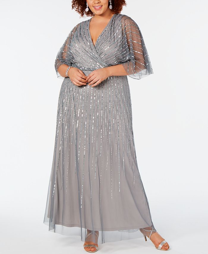 Adrianna Papell Plus Size Beaded Flutter-Sleeve Gown & Reviews 