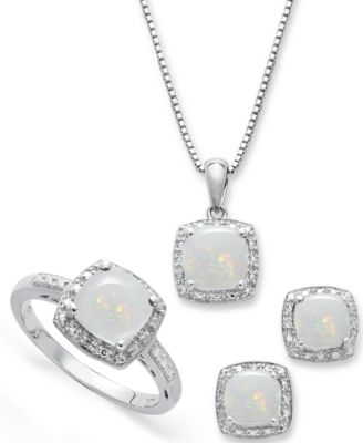 Milacolato S925 Sterling Silver Opal Jewelry Set for Women 14K White Gold Plated Opal Halo Pendant Necklace Opal Stud Earrings with Cubic Zirconia 
