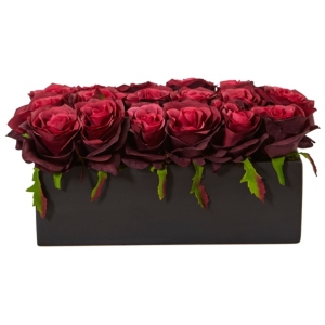 Nearly Natural Dozen Silk Roses In Ceramic Rectangular Planter In Burgundy
