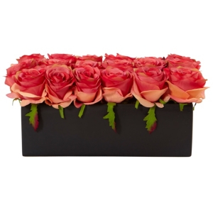 Nearly Natural Dozen Silk Roses in Ceramic Rectangular Planter