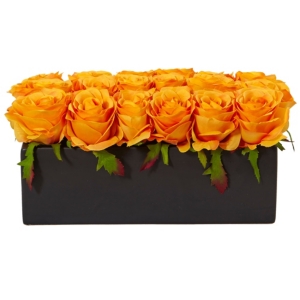 Nearly Natural Dozen Silk Roses in Ceramic Rectangular Planter