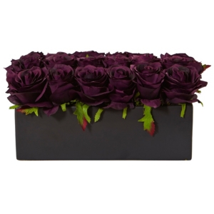 Nearly Natural Dozen Silk Roses in Ceramic Rectangular Planter