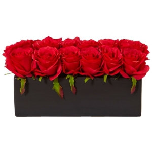 Nearly Natural Dozen Silk Roses in Ceramic Rectangular Planter