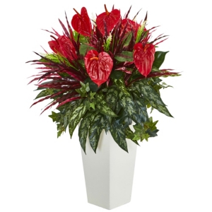Nearly Natural Mixed Anthurium Artificial Plant In White Tower Vase In Red