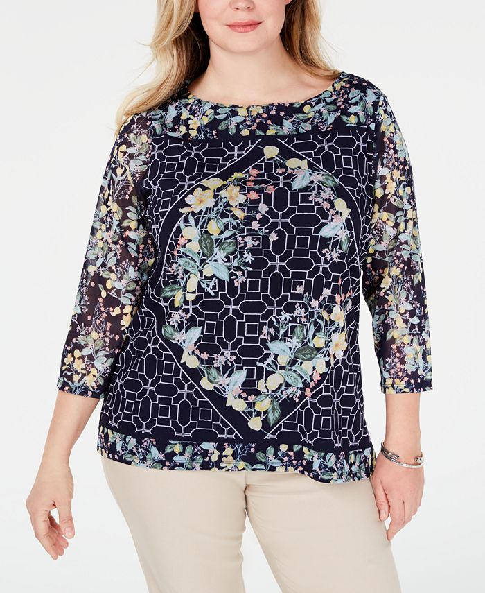 Charter Club Plus Size Lemon Mesh Printed Top, Created for Macy's ...