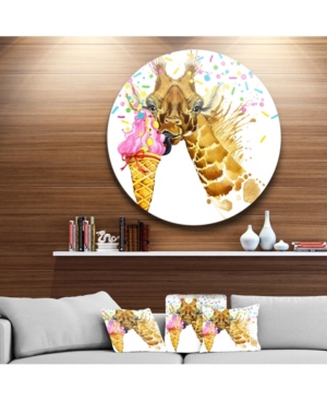 Design Art Designart 'giraffe Eating Ice Cream Watercolor' Disc Contemporary Animal Metal Circle Wall Decor In Brown