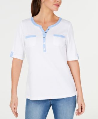 Karen Scott Womens Eyelet Front Cotton Henley Top White Size Petite S M