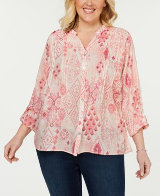 NY Collection Plus Size Printed Utility Blouse - Macy's