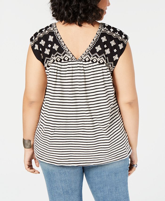 Lucky Brand Plus Size Mixed-Print Embroidered Top, Created for Macy's ...