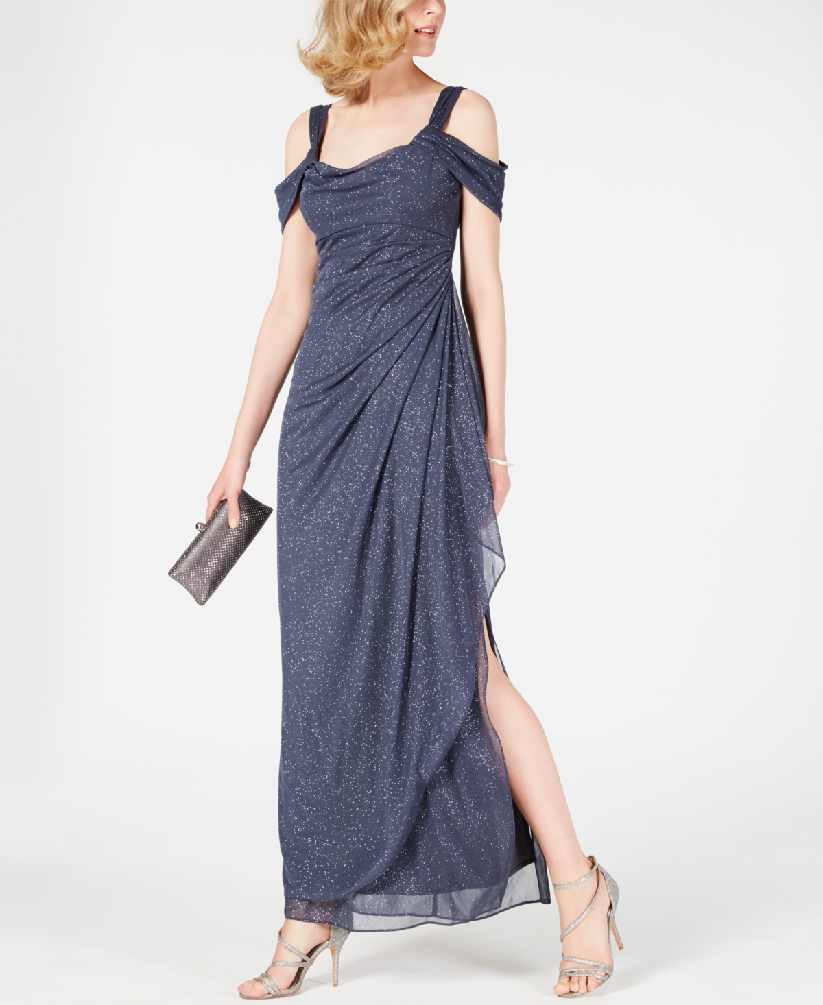 Shop Alex Evenings Cold-shoulder Draped Metallic Gown In Smoke