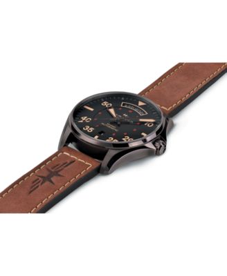 Men's Swiss Automatic Khaki Pilot Brown Leather Strap Watch 42mm