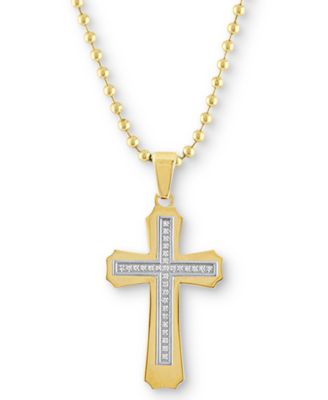 Macy's - Men's Diamond Cross 22" Pendant Necklace (1/6 ct. t.w.) in Gold Ion-Plated Stainless Steel