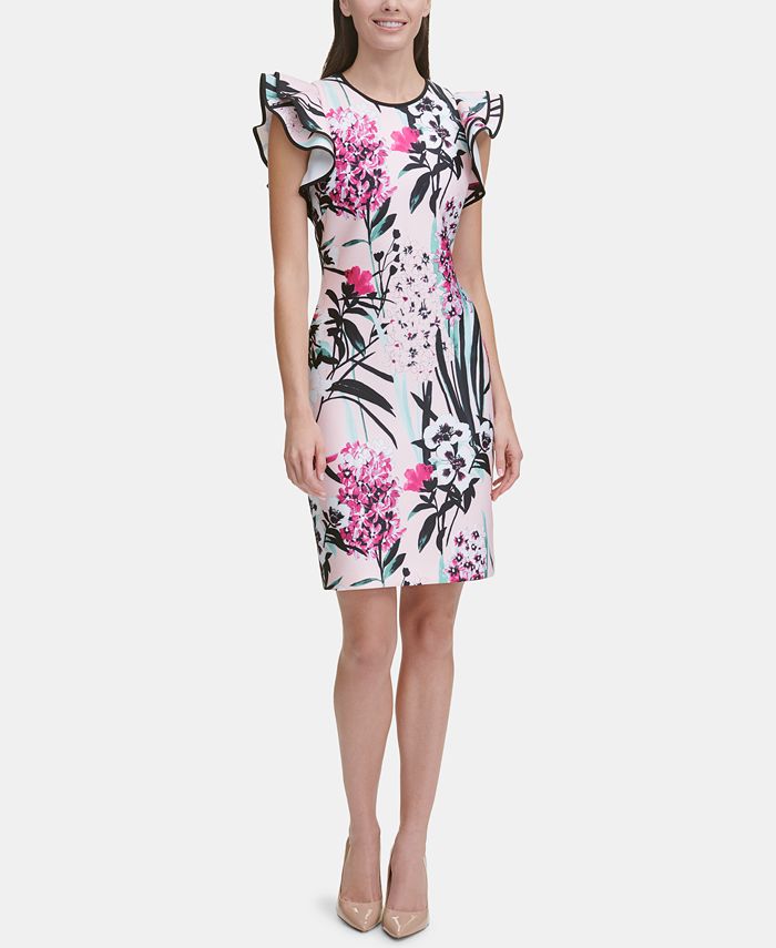 Printed Ruffle Sleeve Scuba Dress