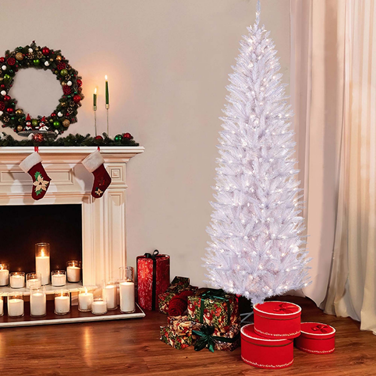 Puleo 6.5FT Pre-Lit White Pencil Franklin Fir Pencil Artificial Christmas Tree