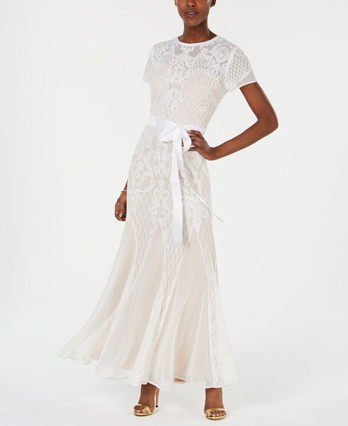 R & M Richards Nightway Petite Short-Sleeve Long Sequin Gown - Macy's