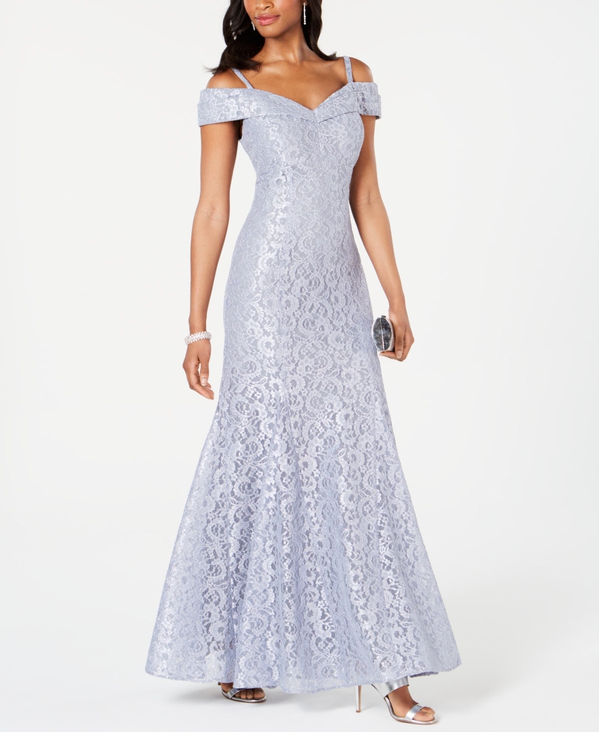 R & M Richards Off-the-shoulder Lace Gown In Chambray