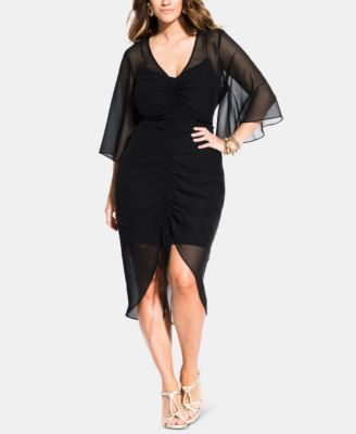 plus size black ruched dress Final Sale Plus Size Long Sleeve Cutout Ruched BodyCon Dress with Front Slit in Black main image 1