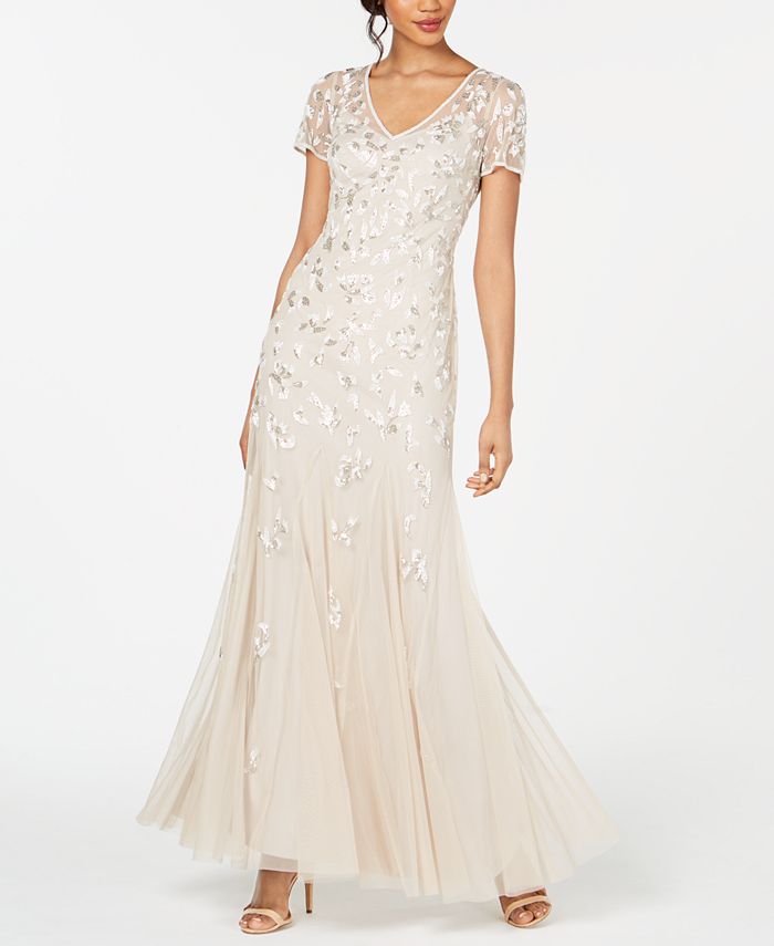 Adrianna Papell Beaded Short Sleeve Gown Macy s