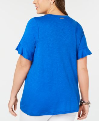 WDIRARA Women's Plus Size Textured Ruffle Midi Dress - V-Neck Half Sleeve A-Line Flowy Dress