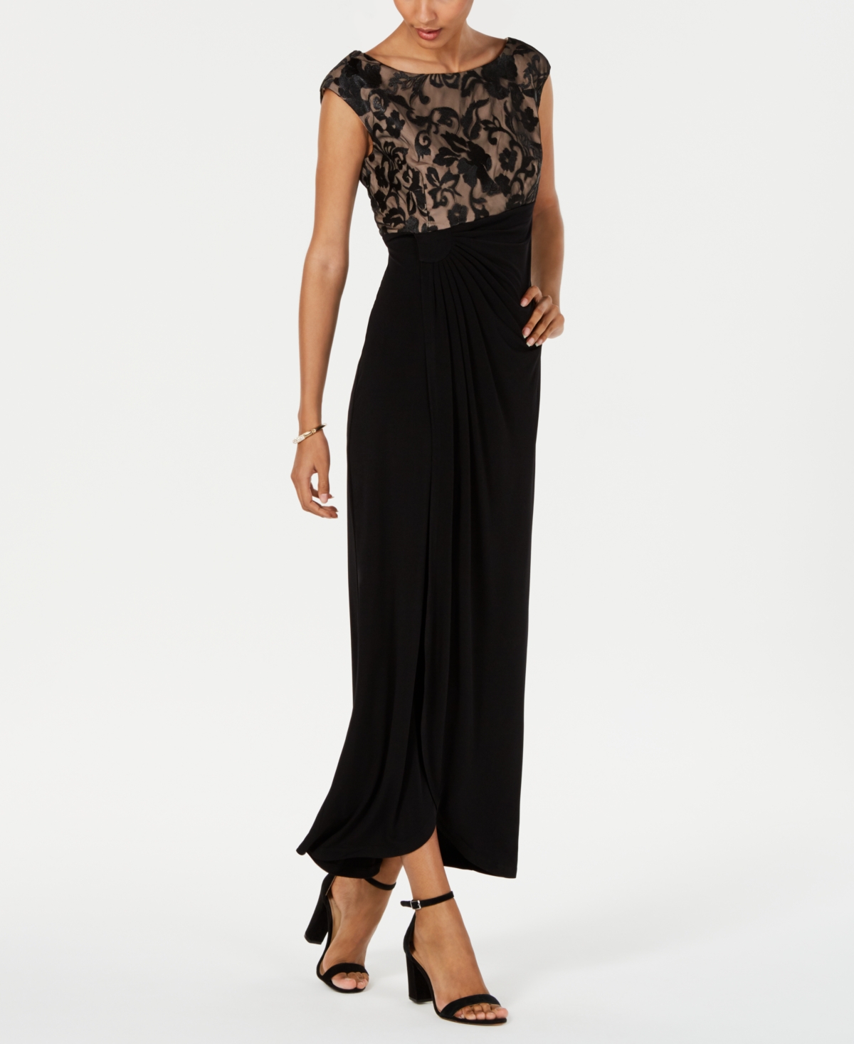 Connected Petite Embroidered Gown In Black Gold