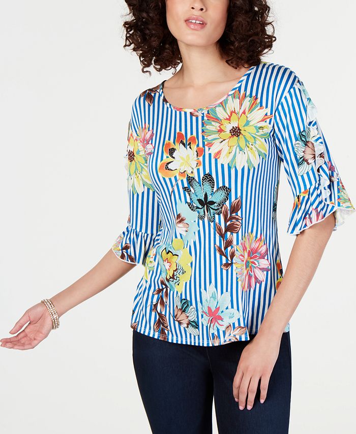 NY Collection Petite Printed Ruffle-Sleeve Top - Macy's