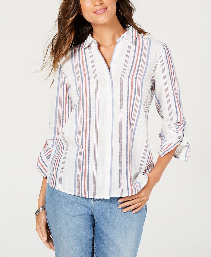 Charter Club Striped Button-Front Roll-Tab-Sleeve Top, Created for Macy ...