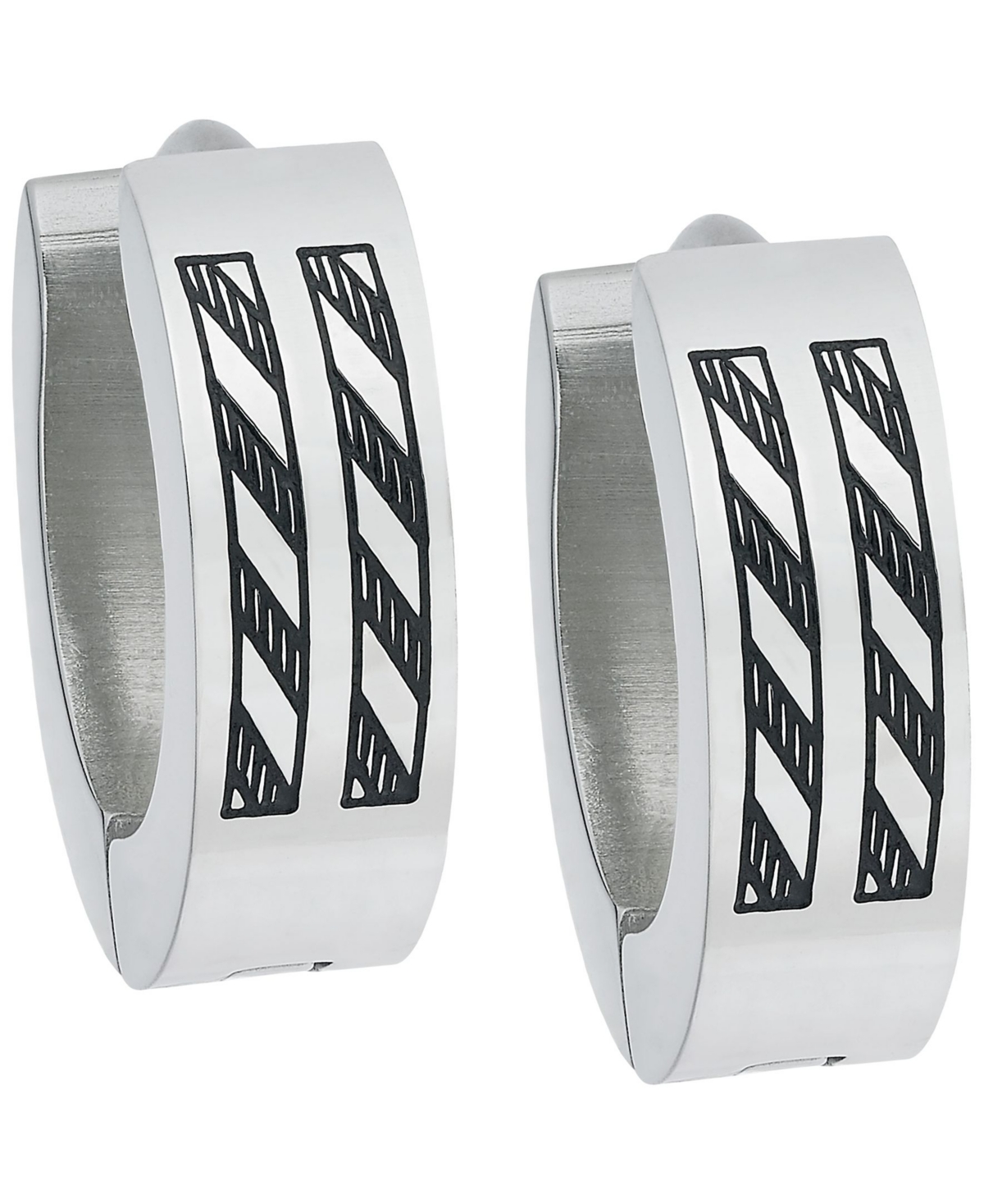 Sutton Stainless Steel Etched Stripes Huggie Earring Set - Silver